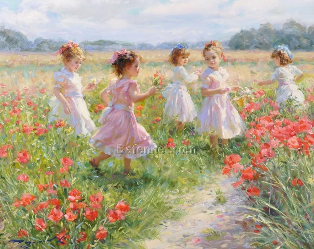 Cute little girl in the garden oil painting