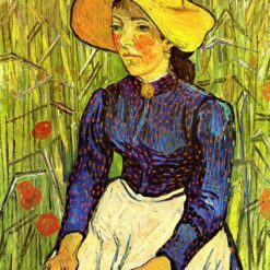young peasant girl in a straw hat sitting in front of a wheatfield 1890 1 scaled