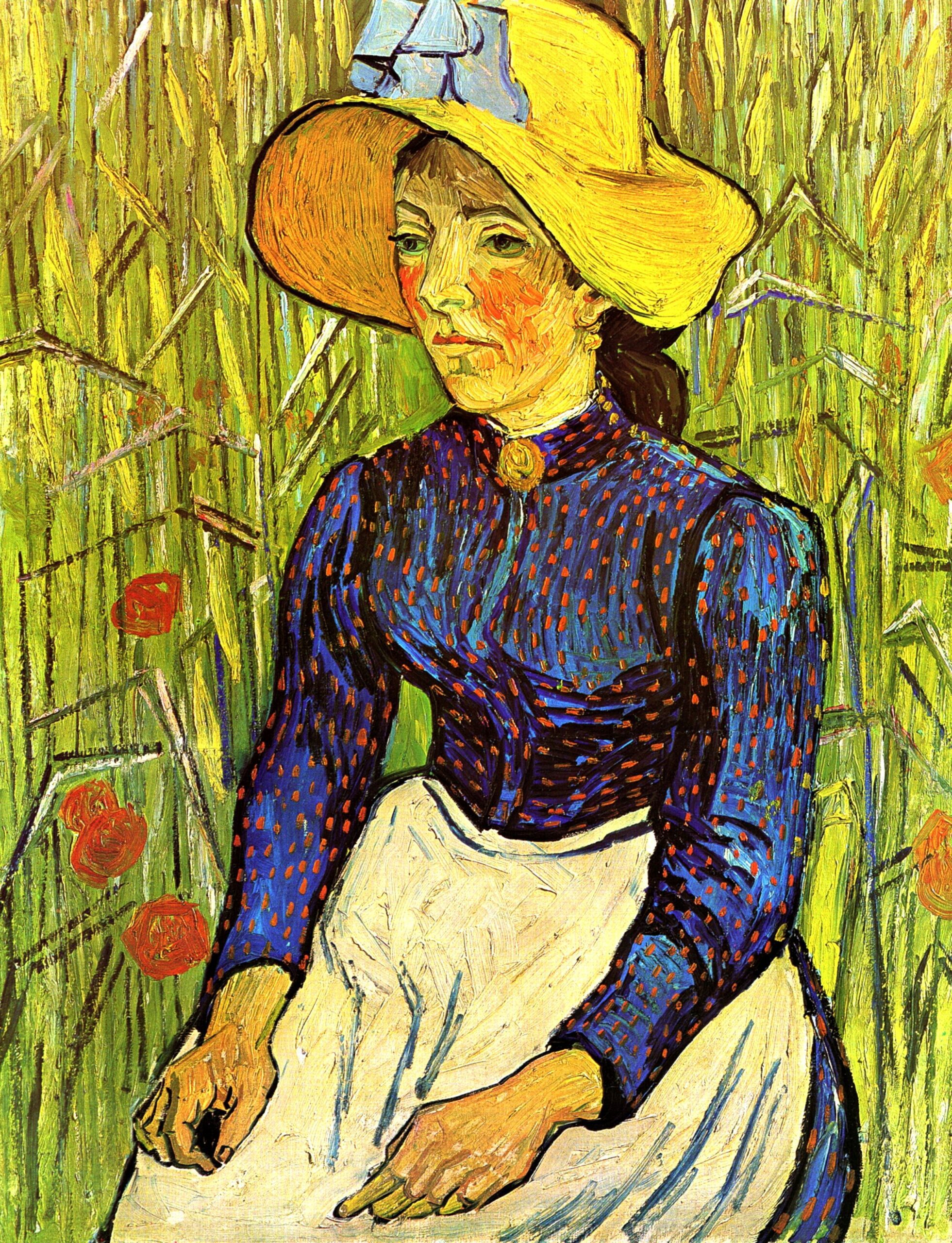 Young Peasant Girl in a Straw Hat sitting in front of a wheatfield -Vincent van Gogh