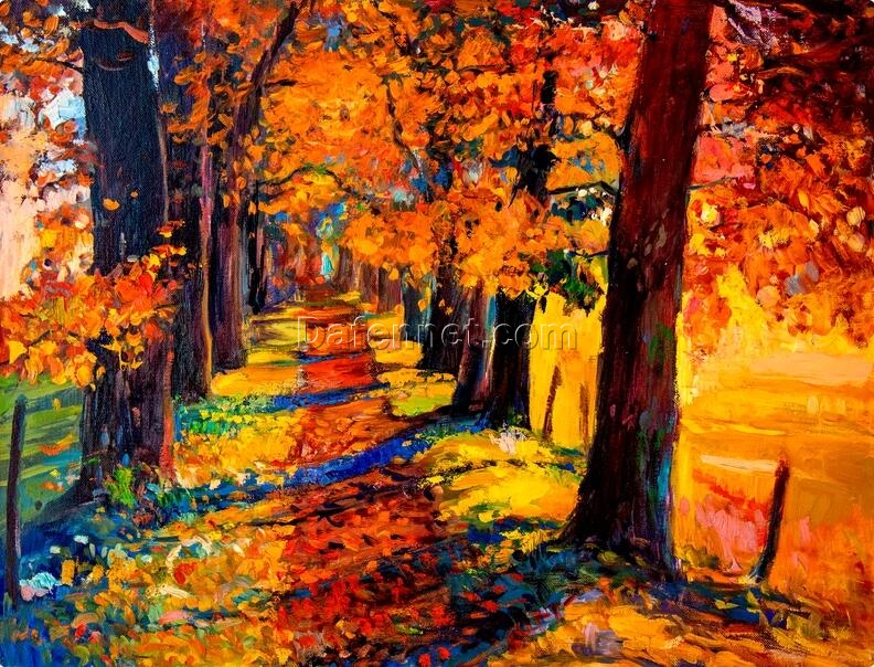 Custom Oil Painting of Golden Autumn Forest with Pathway – Handcrafted and Personalized