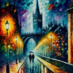 Captivating Rainy Night Romance: Colorful Oil Painting CityScape on Canvas