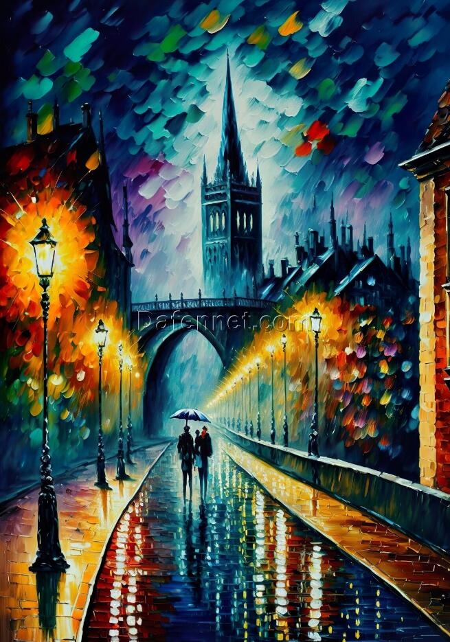 Captivating Rainy Night Romance: Colorful Oil Painting CityScape on Canvas