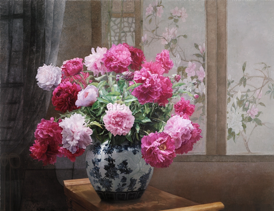 Beautiful Peony Oil Paintings and Blue and White Porcelain – Exquisite Traditional Chinese Art Pieces