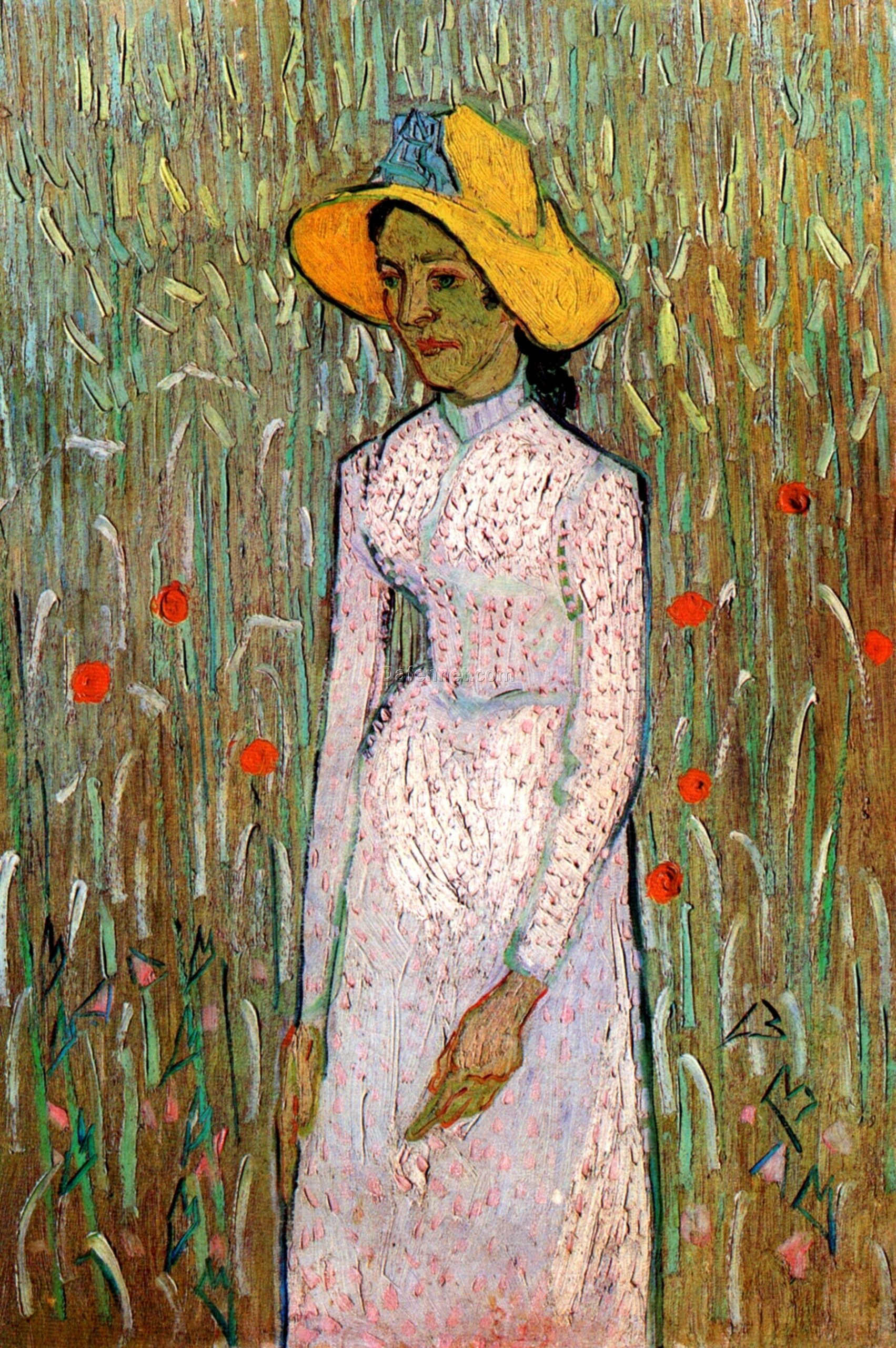 Young Girl Standing Against a Background of Wheat- Vincent van Gogh-oil painting reproduction