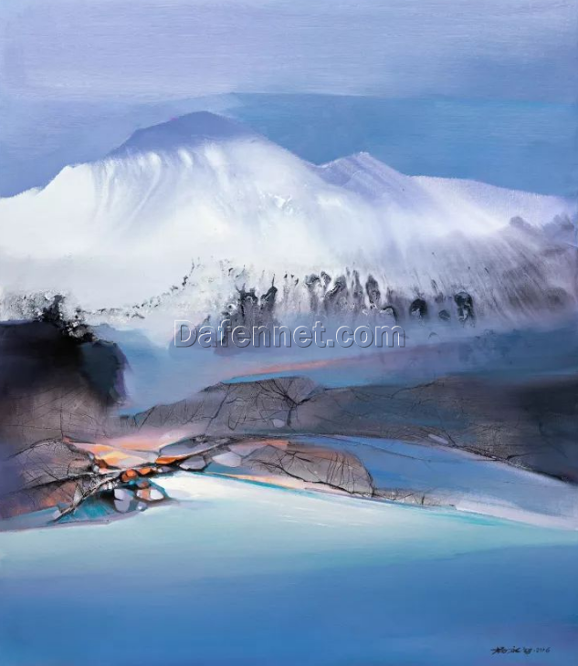 Abstract Alpine Majesty: Snow-Capped Mountain Landscape in Oil – Artistic Interpretation