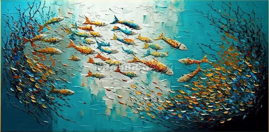 Serenity of the Sea: Captivating School of Fish Oil Painting – Ideal for Aquatic Art Lovers & Decor Enthusiasts