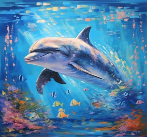 Oceanic Grace: Serene Dolphin Abstract Oil Painting – Dive into the Beauty of Aquatic Elegance