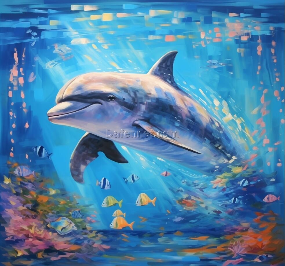Oceanic Grace: Serene Dolphin Abstract Oil Painting – Dive into the Beauty of Aquatic Elegance