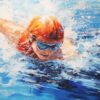 "Dynamic Swimmer in Blue Waves" - Large Original Oil Painting