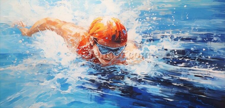 “Dynamic Swimmer in Blue Waves” – Large Original Oil Painting