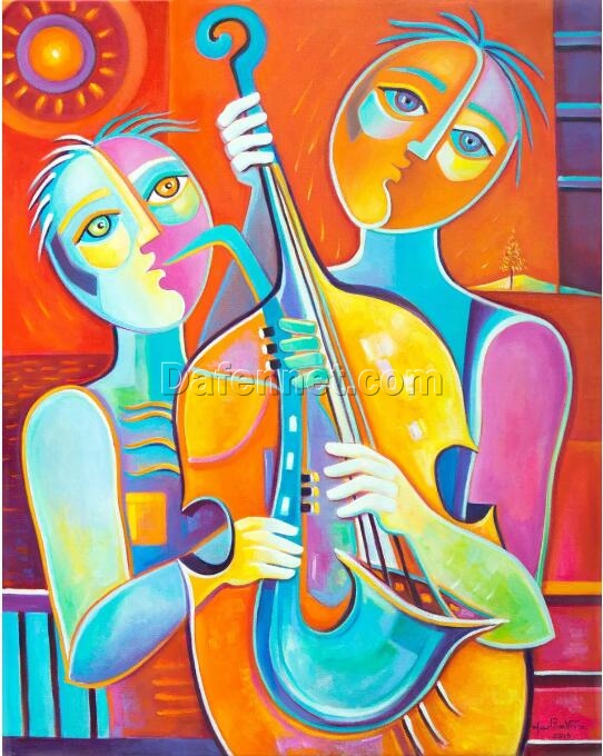 Melodic Echoes: Abstract Oil Painting of Duo Musicians – Artistic Symphony on Canvas