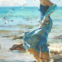 Seaside Romance: Impressionist Oil Painting of a Woman by the Ocean - Elegant Home Decor and Artistic Inspiration