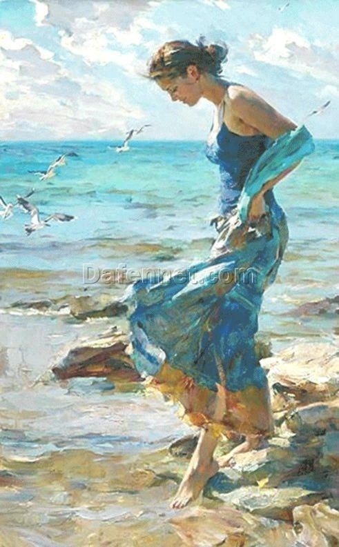 Seaside Romance: Impressionist Oil Painting of a Woman by the Ocean – Elegant Home Decor and Artistic Inspiration