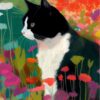 Tuxedo Cat in Wildflower Field: Matisse-Inspired Vibrant Art Print for Modern Decor