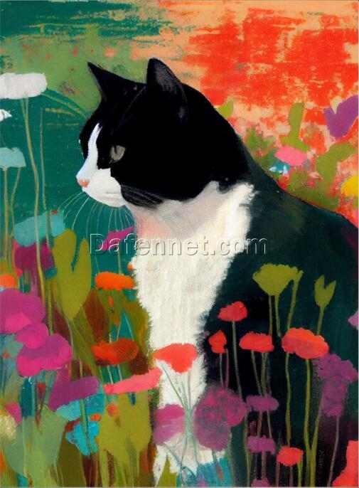 Tuxedo Cat in Wildflower Field: Matisse-Inspired Vibrant Art Print for Modern Decor