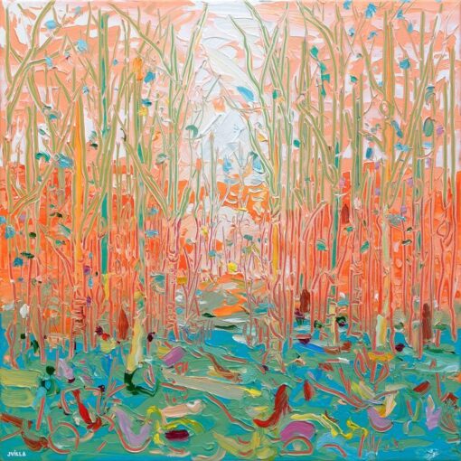 nigmatic Grove: Abstract Forest in Vivid Orange Oil Paintin