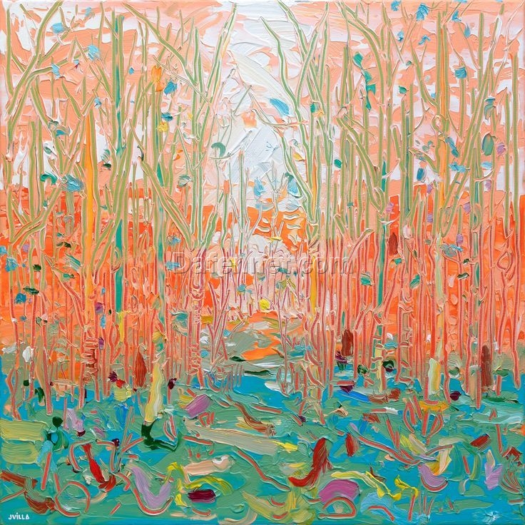 nigmatic Grove: Abstract Forest in Vivid Orange Oil Paintin