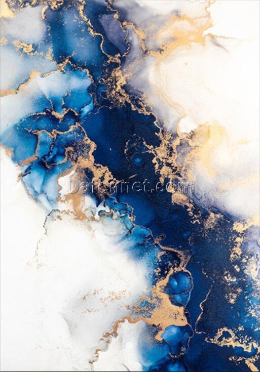 Blue and Gold Marble Abstract Oil Painting – Luxurious Modern Art for Elegant Interior