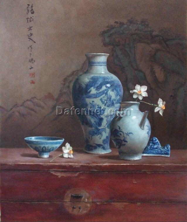 Authentic Hand-Painted Traditional Chinese Blue and White Porcelain Still Life Oil Painting – Elegant Oriental Style Art for Home Decor