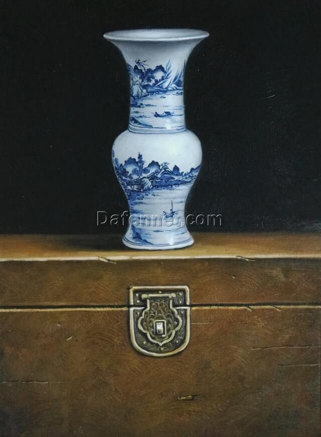 Ultra-Realistic Chinese Style Oil Painting: Blue and White Porcelain with Traditional Furniture – Exquisite Art for Classic Home Interiors