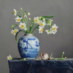Traditional Chinese Still Life Oil Painting: Blue and White Porcelain Vase with Blooming Narcissus - Elegant Art for Cultural Decor