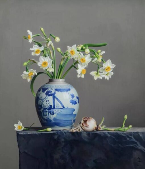 Traditional Chinese Still Life Oil Painting: Blue and White Porcelain Vase with Blooming Narcissus – Elegant Art for Cultural Decor