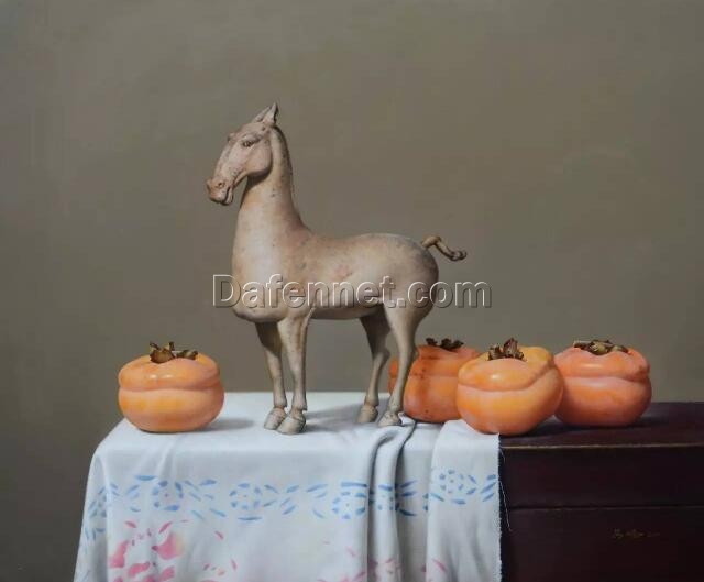 Stunning Hyper-Realistic Chinese Oil Painting: Persimmons, Terracotta Horse, and Traditional Furniture – Exquisite Art for Sophisticated Cultural Decor
