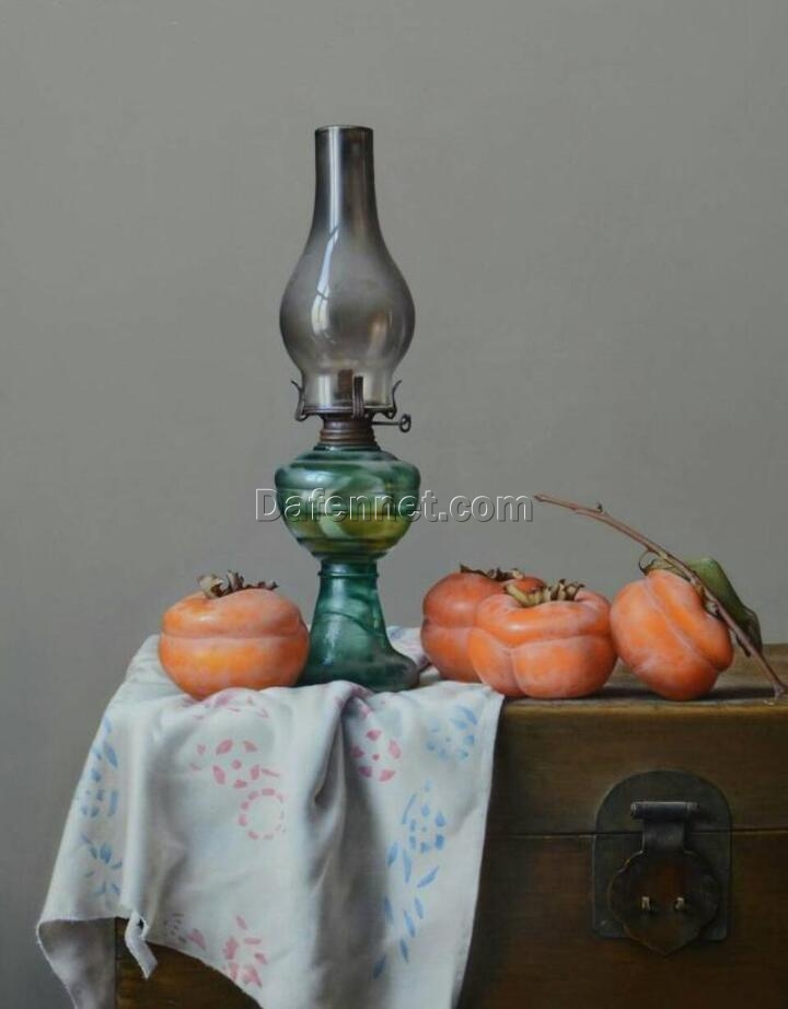Captivating Chinese Style Oil Painting: Persimmons and Kerosene Lamp Still Life – Unique Decorative Art for Sophisticated Interiors
