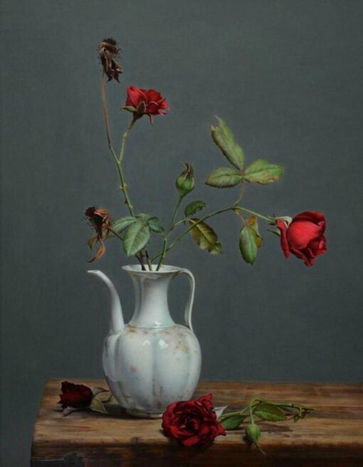 Hyper-Realistic Chinese Style Oil Painting: Roses and Porcelain Vase – Elegant Floral Artwork for Luxurious Home Decor