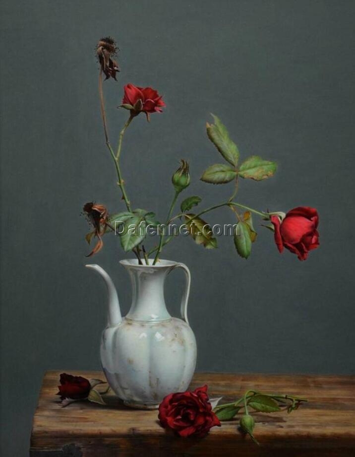 Hyper-Realistic Chinese Style Oil Painting: Roses and Porcelain Vase – Elegant Floral Artwork for Luxurious Home Decor