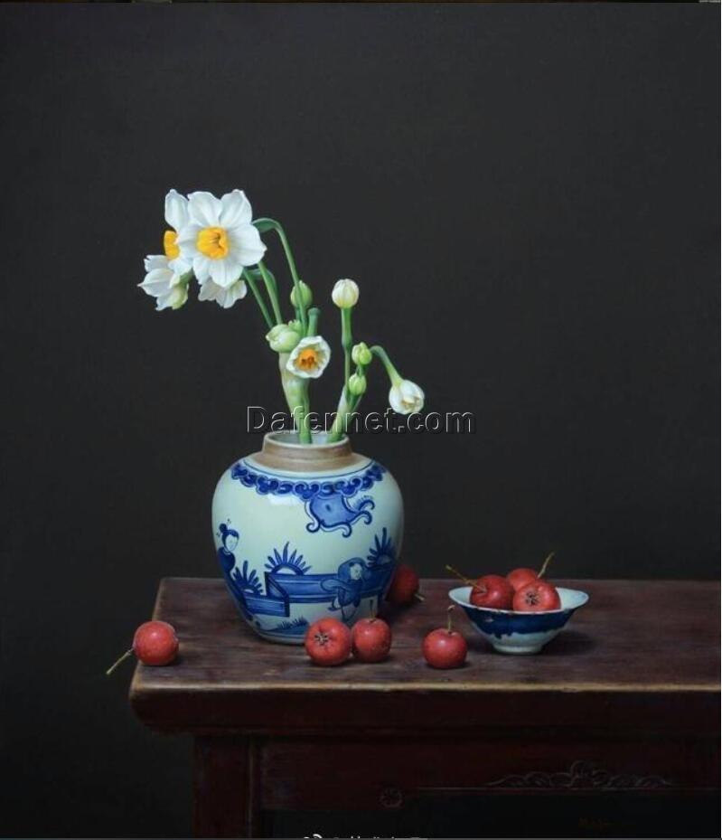 Exquisite Hyper-Realistic Chinese Oil Painting: Blue and White Porcelain, Narcissus Flowers, and Traditional Furniture – Premium Art for Elegant Home Interiors