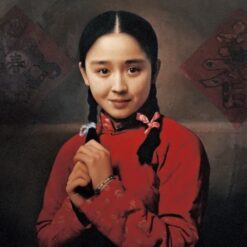 Chinese girl oil painting Chinese Girl with Ponytail Oil Painting: Red Traditional Clothing
