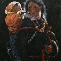 DaFen Village Original Oil Painting: Mother and Child on the Prairie Portrait