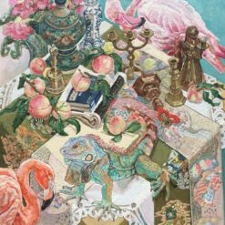Exquisite Still Life Oil Painting: Lizard and Flamingo in Chinese Style - Decorative Artwork for Home