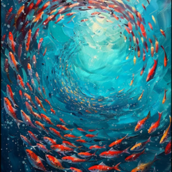 Abstract Blue Underwater World Art: School of Fish Oil Painting - Contemporary Marine Life Canvas