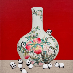 Original Chinese Style Oil Painting - Blue and White Porcelain with Giant Panda | Dafen Art Village Studio | Unique Hand-Painted Artwork for Sale