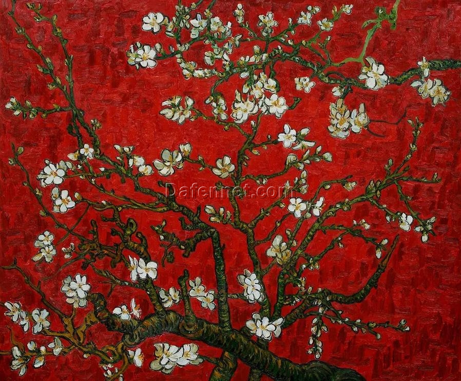 Van Gogh’s Almond Blossom: Hand-Painted Oil Painting with a Vibrant Red Background