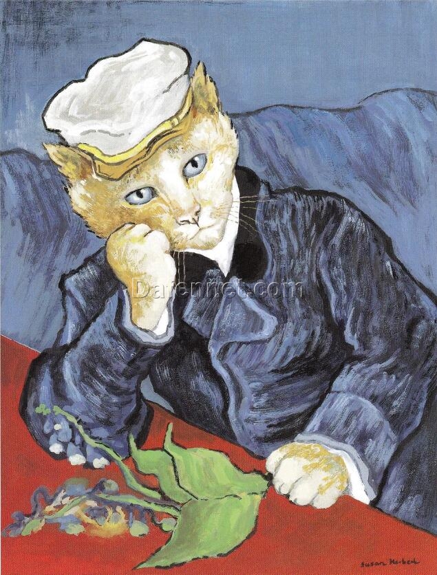 Vintage Van Gogh-Inspired Cat Art Spoof: Fine Art Gift for Cat Lovers
