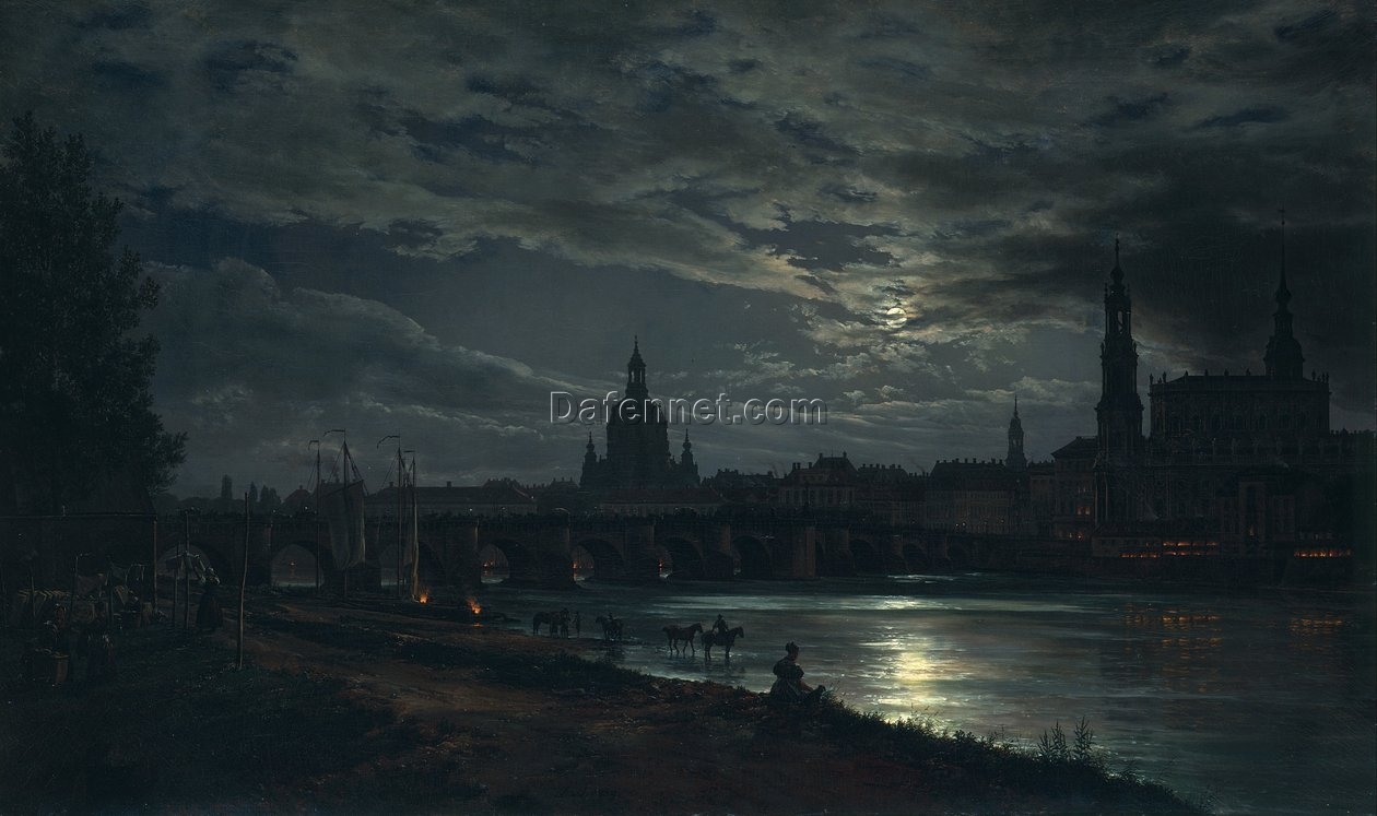Buy View of Dresden by Moonlight Reproduction – Dahl’s 1839 Masterpiece – Handcrafted by Dafen Village Artists