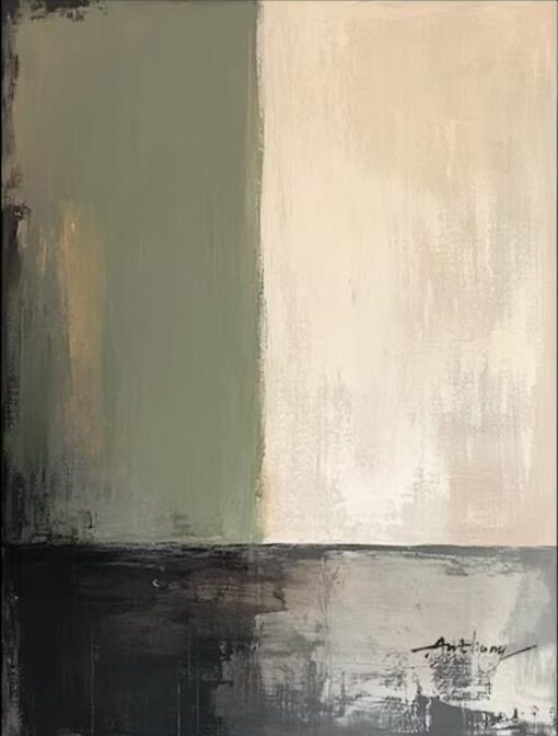 Large Green and Beige Abstract Painting – Minimalist Wall Art for Modern Decor by Dafen Village Studio