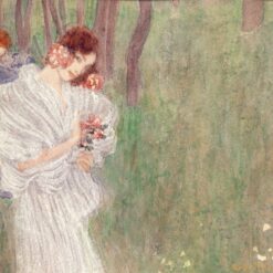 Gustav Klimt 'Girl in a White Dress Standing in a Forest' Watercolor – Elegant Art Nouveau Depiction of a Woman in Nature