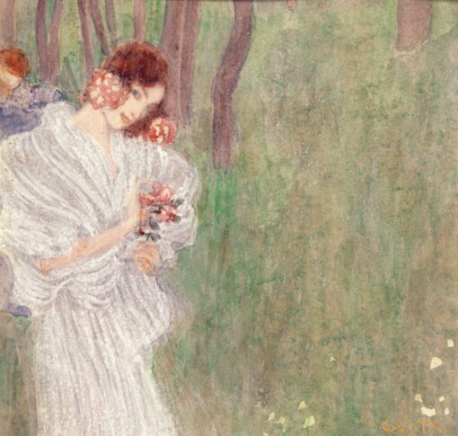 Gustav Klimt ‘Girl in a White Dress Standing in a Forest’ Watercolor – Elegant Art Nouveau Depiction of a Woman in Nature