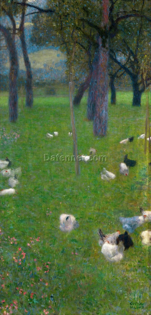 Gustav Klimt ‘After the Rain Garden with Chickens in St. Agatha, 1898’ Oil Painting – Art Nouveau Rural Scene on Canvas