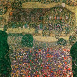 Hand-painted Gustav Klimt 'Country House by the Attersee' c.1914 Oil Painting – Stunning Art Nouveau Scene of Lake and Rural Architecture