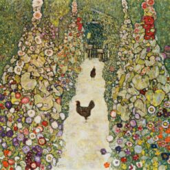 Hand-painted Gustav Klimt 'Garden Path with Chickens' Oil Painting – Stunning Art Nouveau Country Landscape