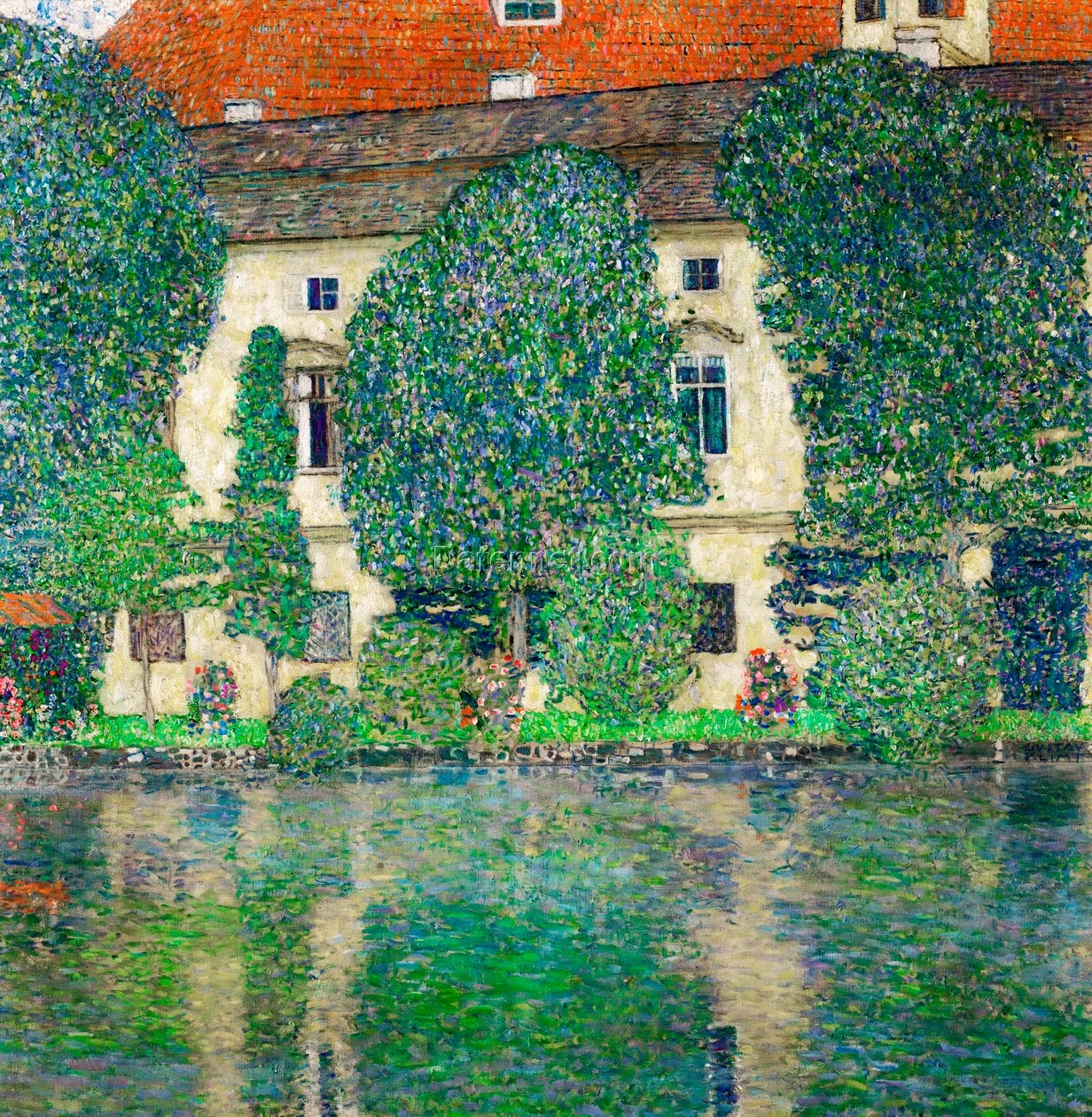 Hand-painted Gustav Klimt ‘Schloss Kammer on Lake Attersee III’ 1910 Oil Painting – Stunning Art Nouveau Lake and Castle Scene
