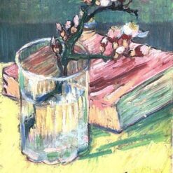 Hand-Painted Van Gogh Blossoming Almond Branch in a Glass with a Book 1888 – Elegant Still Life by Dafen Village Studio