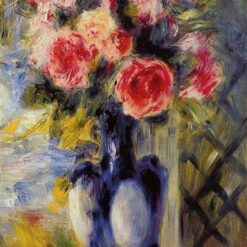 Custom Oil Painting Reproduction of Pierre-Auguste Renoir’s "Bouquet of Roses in a Blue Vase" – Lush Floral Arrangement | Dafen Village