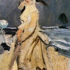 Camille on the Beach by Claude Monet - Beautiful Seaside Impressionist Painting Reproduction by Dafen Village Studio