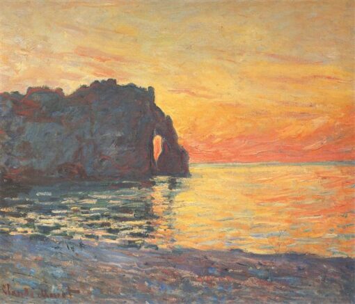 Claude Monet Etretat Cliff of d’Aval Sunset Landscape – Stunning Impressionist Ocean View